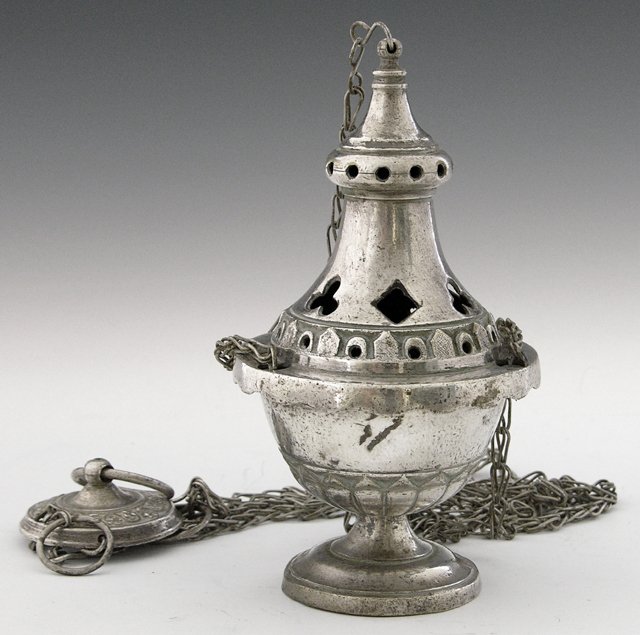 Metal Catholic Censer/Thurible, early 20th c., wit: Metal Catholic Censer/Thurible, early 20th c., with a pierced lid, on chains