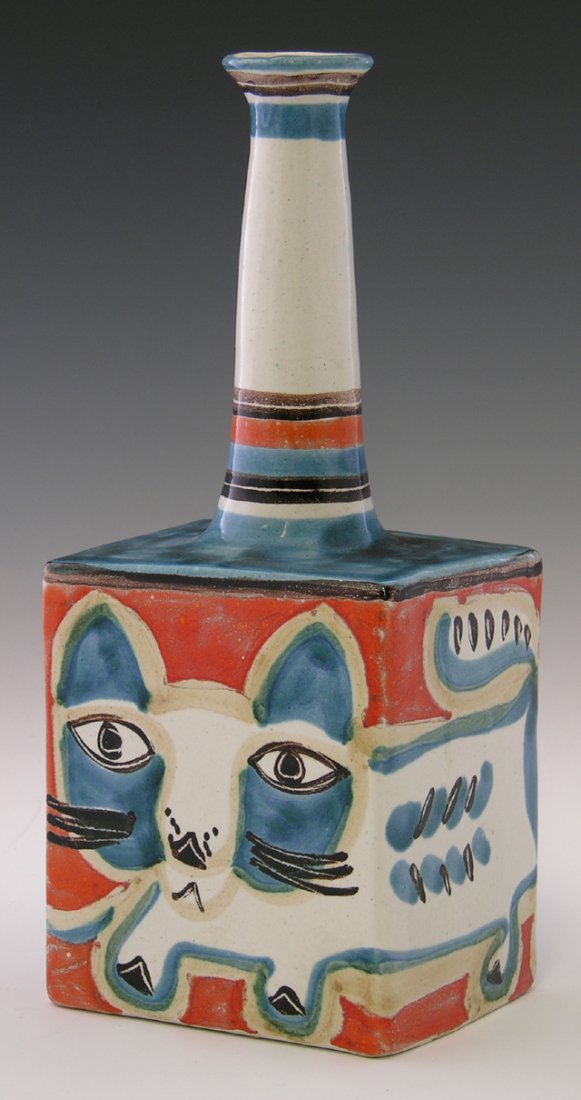 Giovanni Desimone, "The Cat," glazed ceramic vase,: Giovanni Desimone, "The Cat," glazed ceramic vase, 1964, signed and dated on the bottom, H.-11 in., W.- 4 1/2 in., D.- 3 3/4 in.