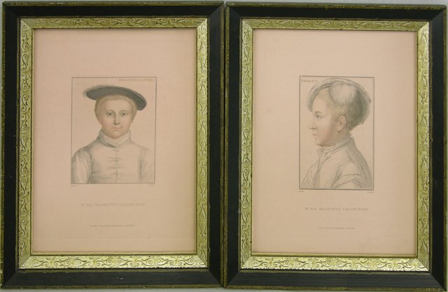 Hans Holbein, "Edward VI," and "Edward Prince of W: Hans Holbein, "Edward VI," and "Edward Prince of Wales," 20th c., pair of engravings, framed, H.- 11 3/4 In., W.- 8 3/4 In.