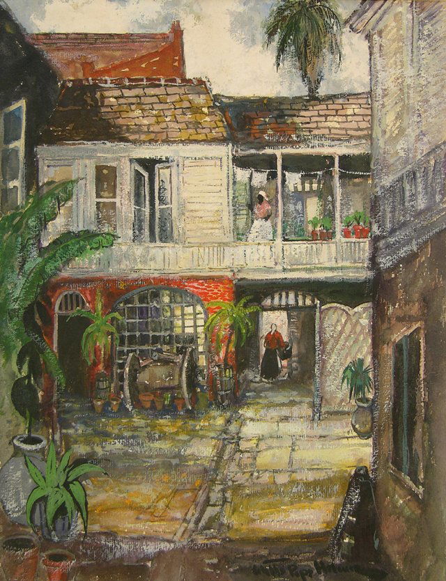 Colette Pope Heldner (1902-1999), "Courtyard of An: Colette Pope Heldner (1902-1999), "Courtyard of Antoine's Restaurant, Rue Royale and St. Louis," 1941, watercolor, signed l.r., titled and dated verso, framed, H.- 11 3/4 in., W.- 9 5/8 in.
