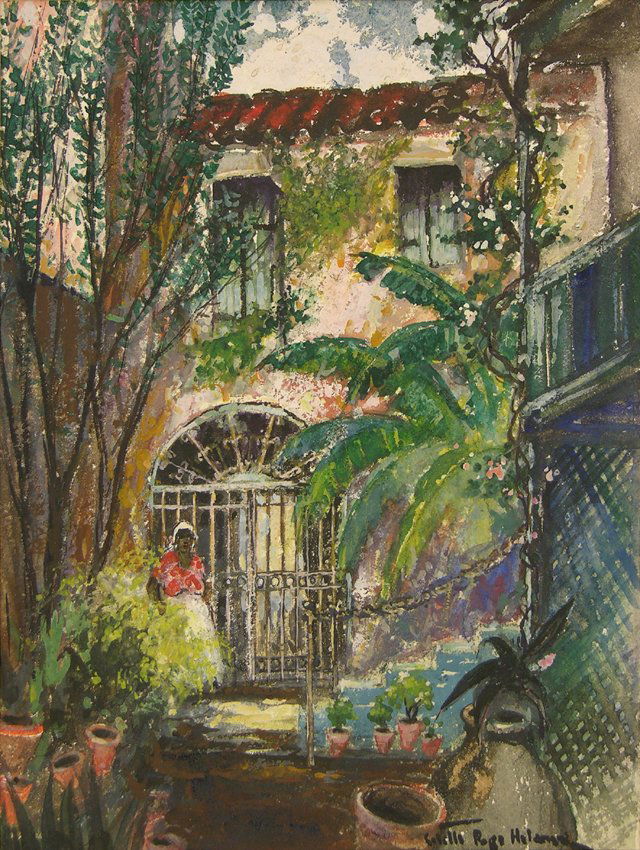 Colette Pope Heldner (1902-1999), "French Quarter: Colette Pope Heldner (1902-1999), "French Quarter Patio," 1942, watercolor, signed and dated l.r., framed, H.- 11 3/4 in., W.- 9 5/8 in.