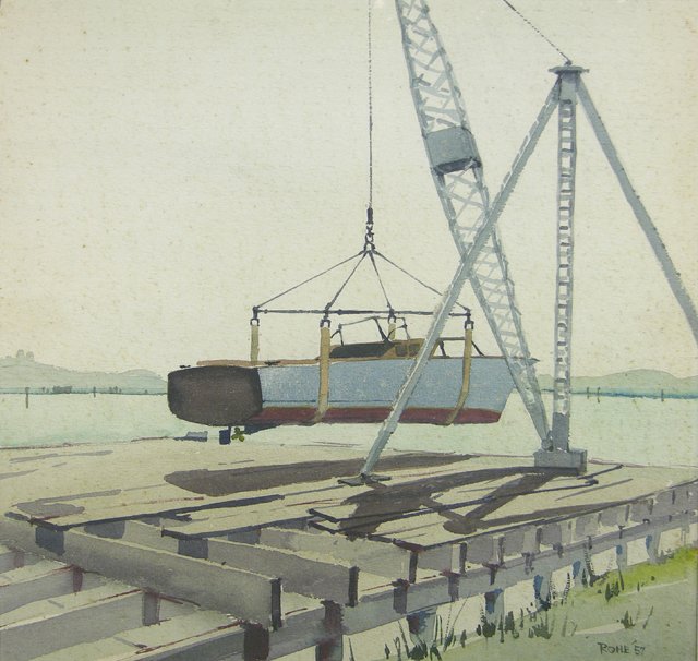Felix Rohe, "Louisiana Boatyard Scene," 1957, wate: Felix Rohe, "Louisiana Boatyard Scene," 1957, watercolor, signed and dated l.r., framed, H.- 14 3/4 in., W.- 14 in.