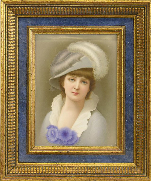 KPM Porcelain Plaque, "Woman in a Feathered Hat,": KPM Porcelain Plaque, "Woman in a Feathered Hat," c. 1920, verso impressed KPM with the scepter mark, 255, 195, gilt framed, H.- 9 1/2 in., W.- 7 in.