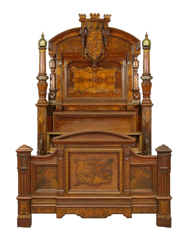 American Carved Walnut Renaissance Revival Bedroom: American Carved Walnut Renaissance Revival Bedroom Suite. c. 1870, consisting of a high back bed, the arched head and foot with highly figured panels, the center of the head with a turret form crest, 