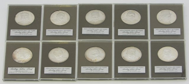 Group of Nine Franklin Mint Sterling Proof Medalli: Group of Nine Franklin Mint Sterling Proof Medallions, c. 1970, consisting of 8 from the Hollywood Hall of Fame series, together with "Lighting the Menorah." (9 Pcs.)