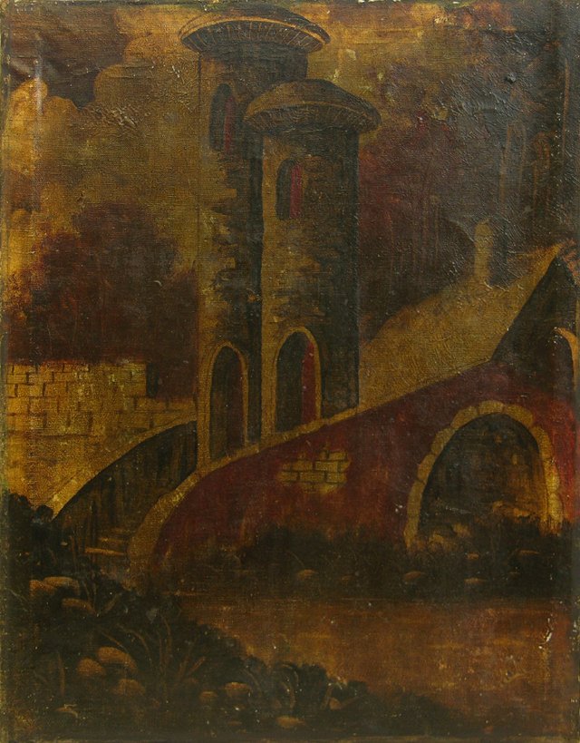 Continental School, "The Towers," early 20th c., o: Continental School, "The Towers," early 20th c., oil on canvas, unframed, H.- 28 3/4 in., W.- 21 1/8 in.