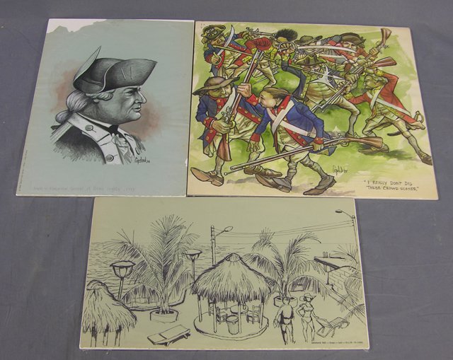 Peter Copeland (1927-2007), "Arnold as Continenta: Peter Copeland (1927-2007), "Arnold as Continental General at Bemis Heights, 1777," 1974; "Tampico, Mexica," and "I Really Don't Dig These Crowd Scenes," 20th c., watercolors, each shrink wrapped. (3 