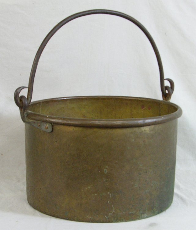 Large Copper Cooking Pot, late 19th c., with a fol: Large Copper Cooking Pot, late 19th c., with a folding iron handle, H.- 12 1/2 in., Dia.- 21 1/2 in.