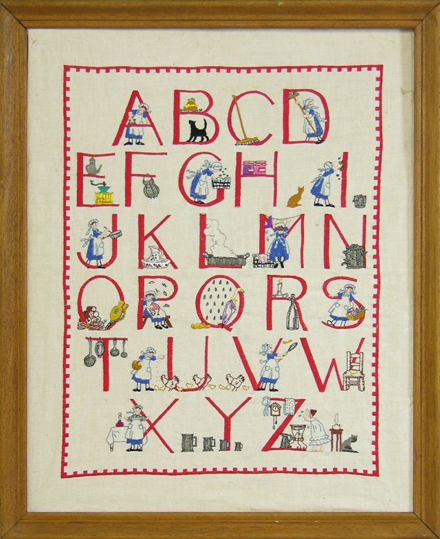 French Needlepoint Alphabet Sampler, 20th c., fram: French Needlepoint Alphabet Sampler, 20th c., framed, H.- 28 1/2 in., W.- 22 1/2 in.