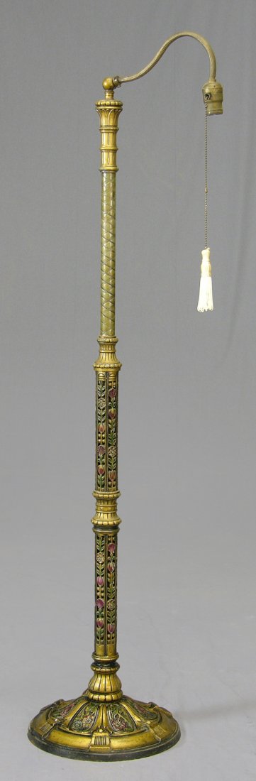 Art Deco Patinated Spelter Floor Lamp, c. 1940, th: Art Deco Patinated Spelter Floor Lamp, c. 1940, the shaft and base with polychromed relief flowers, H.- 52 in., Dia.- 12 in.