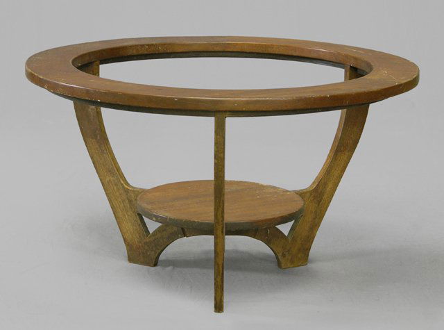 Art Deco Carved Mahogany Circular Coffee Table, c.: Art Deco Carved Mahogany Circular Coffee Table, c. 1940, on tripodal legs to a lower center shelf, now lacking the glass top, H.- 21 1/4 in., Dia.,- 36 1/2/ in.