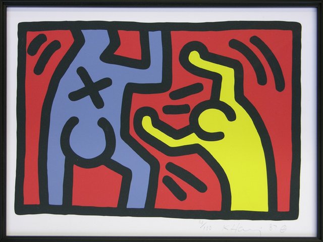 Keith Haring (1958-1990), "Untitled," 1987, print: Keith Haring (1958-1990), "Untitled," 1987, print in colors, 4/100, pencil numbered, signed and dated l.r. margin, framed, H.- 10 1/2 in., W.- 14 in.