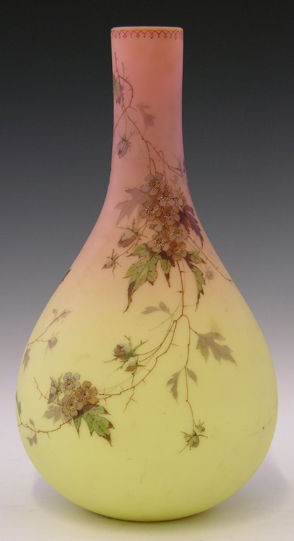 Burmese Bottle Form Vase, 19th c., with enamele: Burmese Bottle Form Vase, 19th c., with enameled floral decoration, in the style of Thomas Webb, H.- 11 3/4 in., Dia.- 6 in.