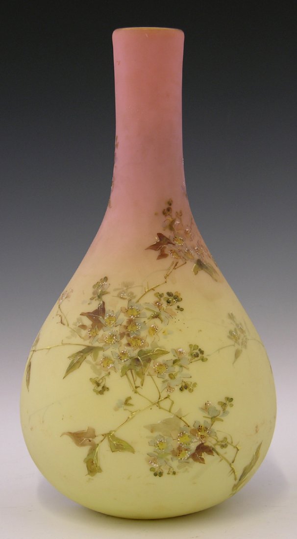 Thomas Webb Burmese Bottle Form Vase, 19th c., wi: Thomas Webb Burmese Bottle Form Vase, 19th c., with enameled floral decoration, the base stamped "Thos Webb & Sons Queen's Burmese Ware, Patented," H.- 11 3/4 in., Dia.- 6 1/4 in.