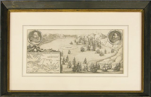 Map of the Cuban Harbor, 18th c., after the 17th : Map of the Cuban Harbor, 18th c., after the 17th c. original, the upper corners with roundels of General Pieter Pieterson Hayn, and Admiral Hendricks Cornelisz Long, framed, H.- 7 5/8 in., W.- 16 in.