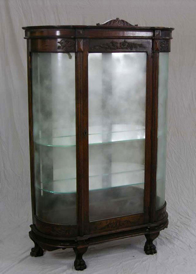 1188 Carved Oak Curved Glass Curio c. 1900, w