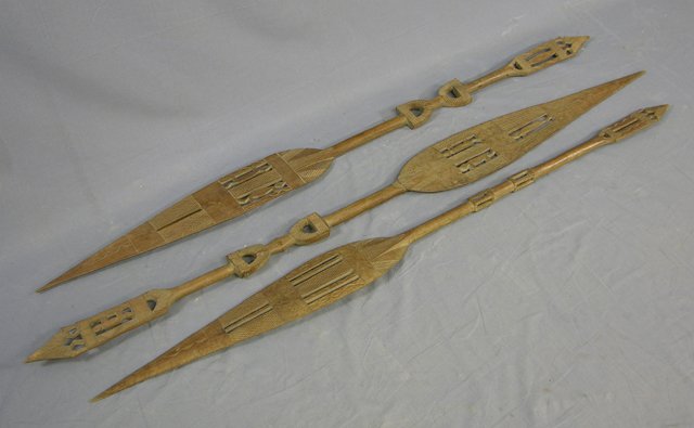 Group of Three African Decorative Pierce Carved S: Group of Three African Decorative Pierce Carved Spears, 20th c., H.- 60 3/4 in., W.- 5 1/8 in., D.- 1 1/8 in.
