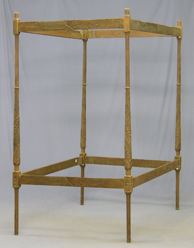 Unusual Carved Poplar Sinlge Poster Bed, 19th c.,: Unusual Carved Poplar Sinlge Poster Bed, 19th c., perhaps a convent or child's bed, with acanthus carved posts and side rails, now lacking the canopy, H.- 84 in., Int. W.- 40 in., Int. D.- 66 in.