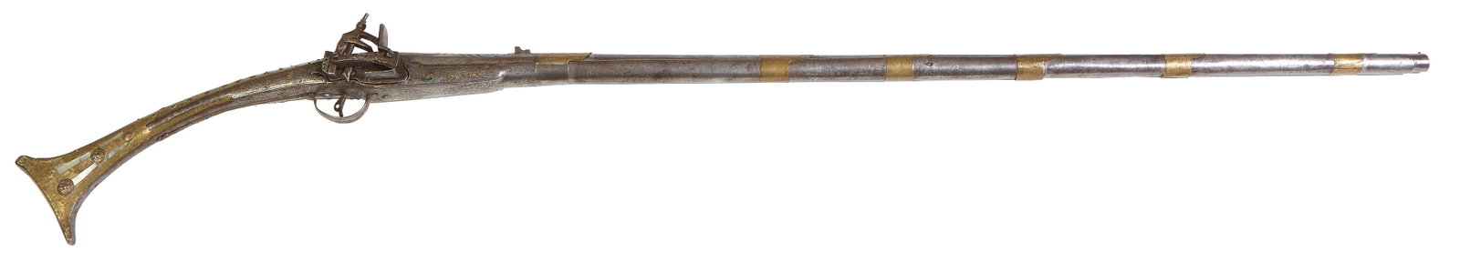 Albanian Rifle, c. 1825, L.- 52 1/4 in., H.- 7 1/2 in., D.- 2 1/2 in.: Albanian Rifle, c. 1825, the steel stock with brass ornamentation, mother of pearl inlay, highly engraved smooth surfaces, approximately .50 caliber, makers mark on lock plate, L.- 52 1/4 in., H.- 7 1