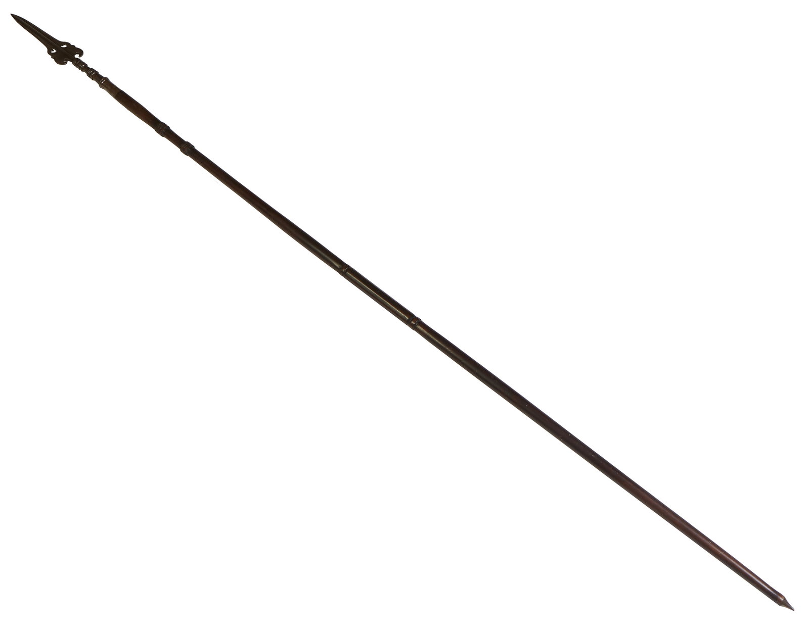 European Officers Wood and Steel Spontoon, late 17th c., L.- 84 in.: European Officers Wood and Steel Spontoon, late 17th c., ornamental pierced design at base of steel blade, strong medial ridge with clipped point, wood shaft with pewter fittings, L.- 84 in.