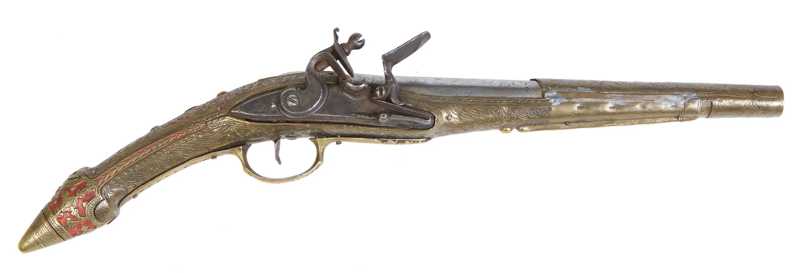 Albanian Flintlock Pistol, c. 1825, L.- Overall- 17 in., Barrel- 9 1/2 in.: Albanian Flintlock Pistol, c. 1825, with rat tail design, all metal construction, with highly decorated brass stock and ornate brass sleeve over half of the barrel, L.- Overall- 17 in., Barrel- 9 1/2 