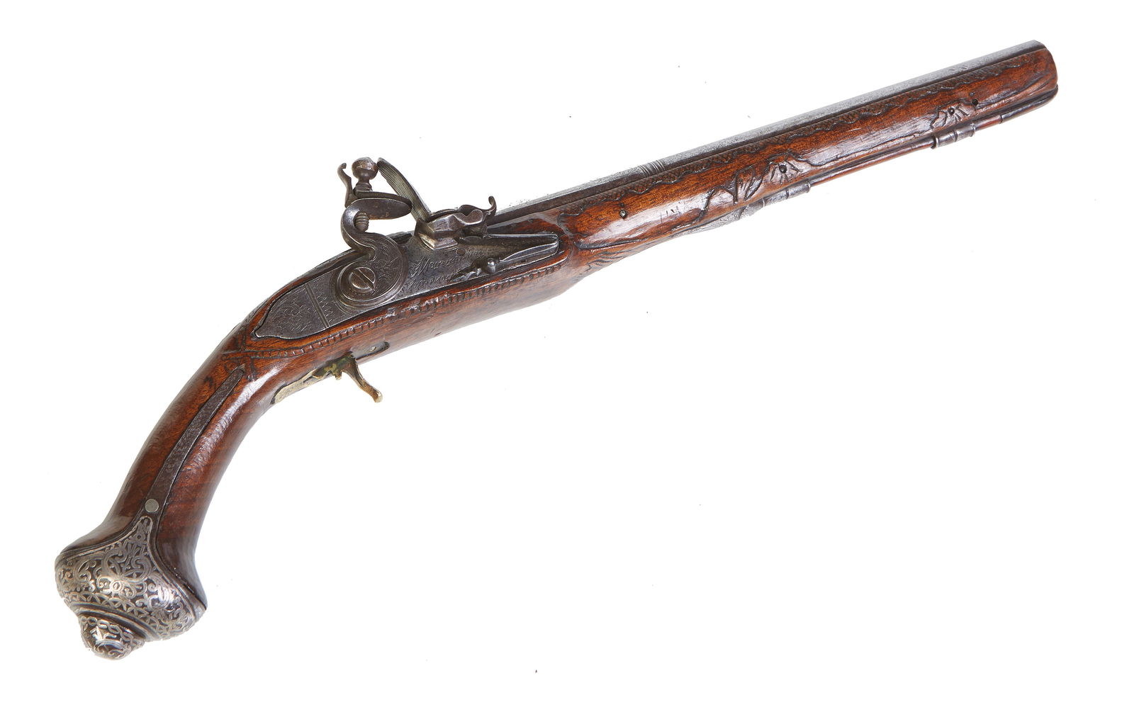 European Black Powder Flintlock Pistol, c. 1790, L.- 18 in., H.- 6 1/2 in., D.- 2 in.: European Black Powder Flintlock Pistol, c. 1790, possibly French, illegible makers name on the lock plate, with false ramrod and highly carved stock, ornate engraving on barrel, butt cup and lock plat