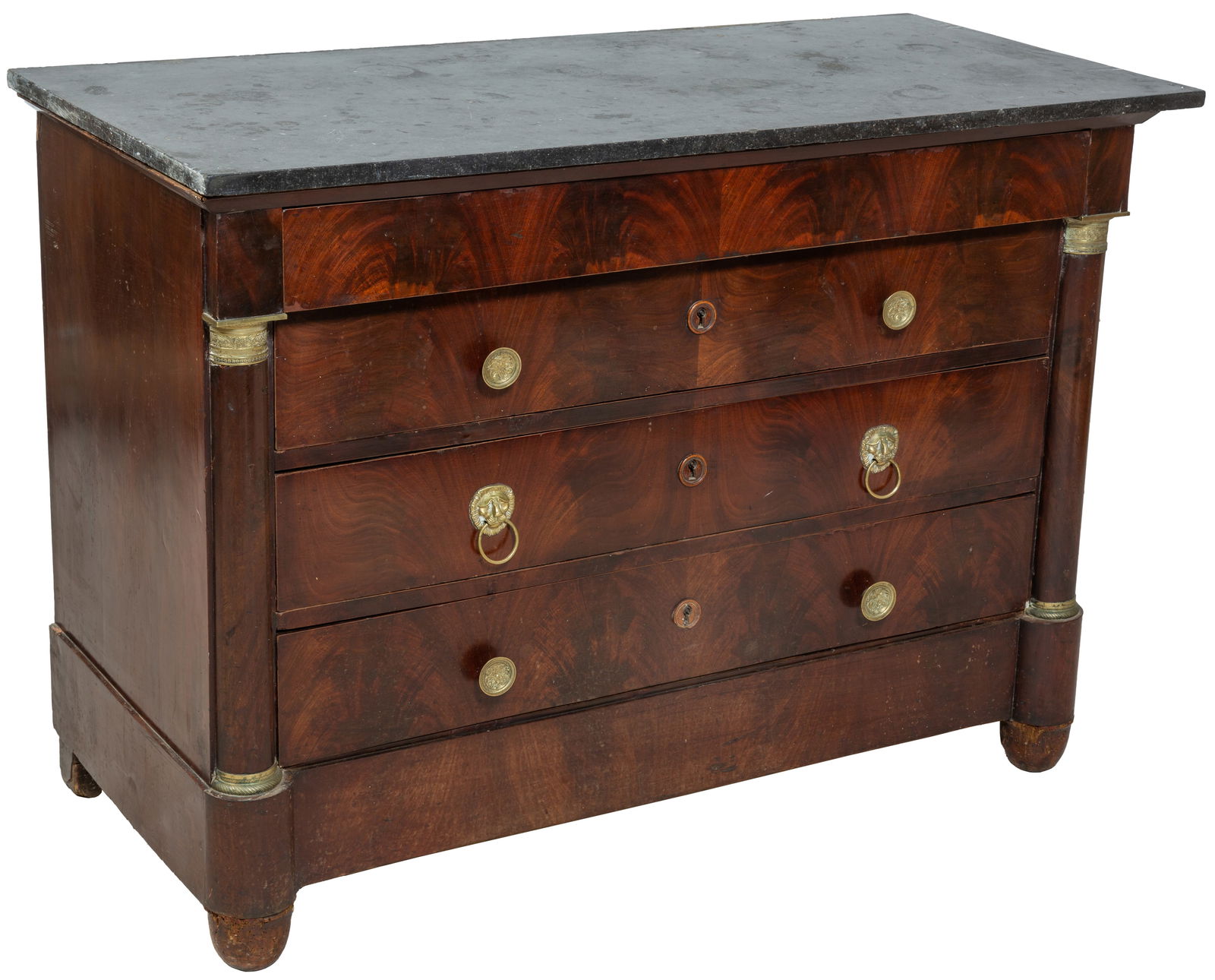 French Empire Style Carved Walnut Ormolu Mounted Marble Top Commode, 19th c., H.- 36 in., W.- 51 1/2: French Empire Style Carved Walnut Ormolu Mounted Marble Top Commode, 19th c., the figured black marble over a setback long frieze drawer, above three deep drawers, flanked by ormolu mounted engaged co