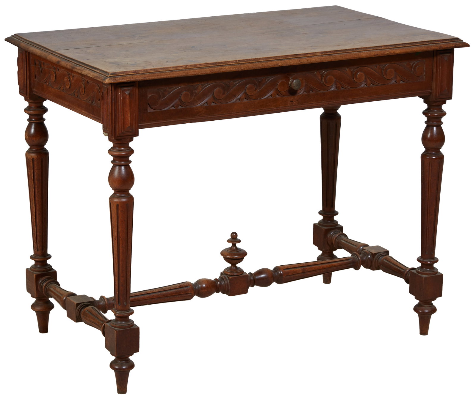 Louis XVI Style Walnut Desk, 19th c., H.- 28 1/2 in., W.- 36 in., D.- 22 in.: Louis XVI Style Walnut Desk, 19th c., molded top, single frieze drawer, fluted tapered legs, finialed stretcher, toupie feet, H.- 28 1/2 in., W.- 36 in., D.- 22 in.