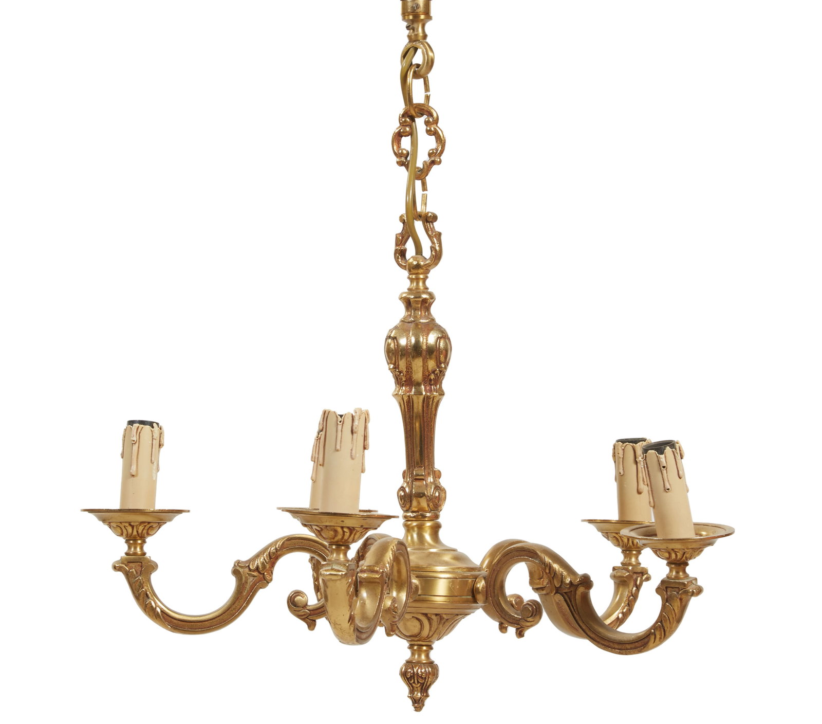 French Louis XV Style Five Light Bronze Chandelier, 20th c., H.- 16 1/4 in., Dia.- 20 1/2 in.: French Louis XV Style Five Light Bronze Chandelier, 20th c., with a tapered relief decorated support, to a lower platform issuing five curved arms, with canopy and chain, H.- 16 1/4 in., Dia.- 20 1/2 