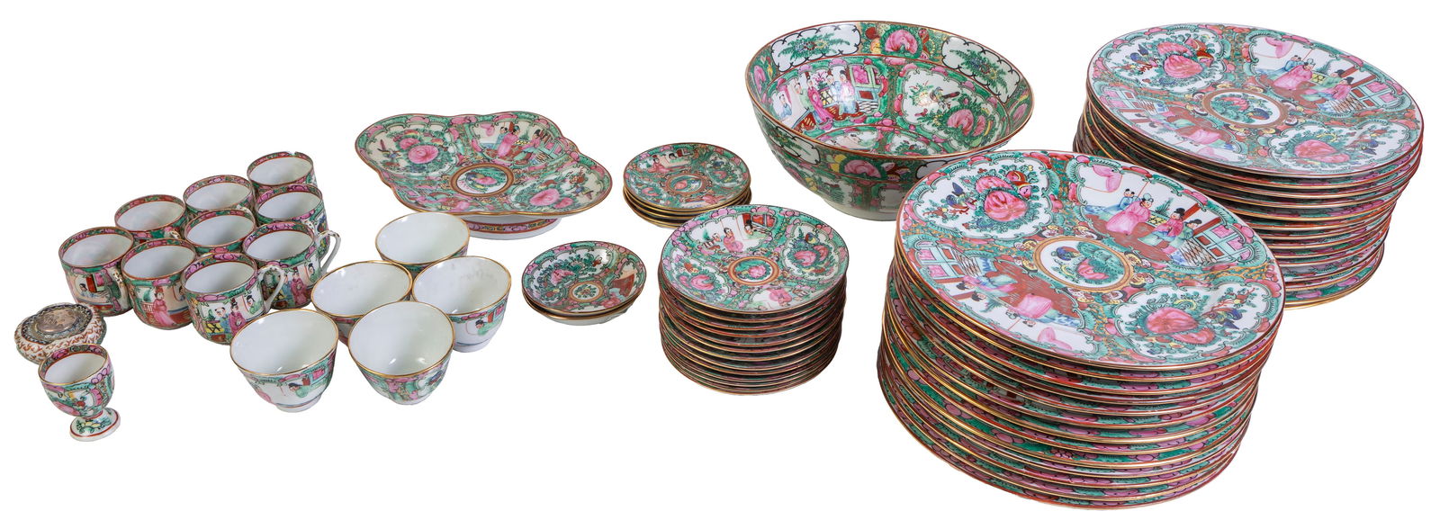 Sixty-five Piece Assembled Set of Japanese Rose Medallion Dinnerware, 20th c., Dinner Plates- H.- 1 : Sixty-five Piece Assembled Set of Japanese Rose Medallion Dinnerware, 20th c., made in Hong Kong, consisting of: 27 dinner plates, 5 teacups, 9 coffee cups, 1 salt shaker, 1 egg cup, 1 large serving b