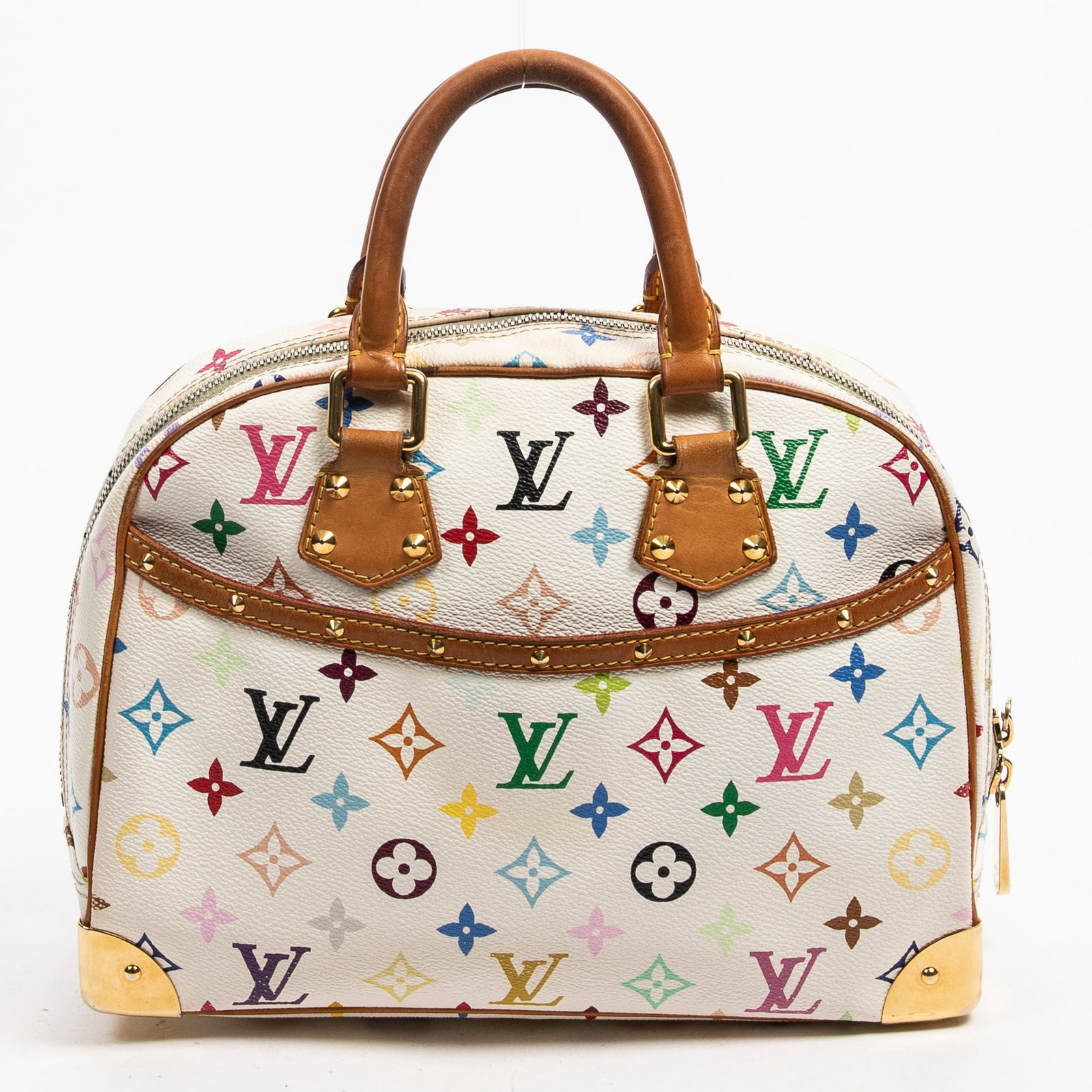 Louis Vuitton Limited Edition "Takashi Murakami" Trouville Handbag, H.- 8 3/4 in., W.- 11 in.: Louis Vuitton Limited Edition "Takashi Murakami" Trouville Handbag, in white multicolore monogram coated canvas, with Vachetta leather and golden brass hardware, double handles, front slip pocket and 