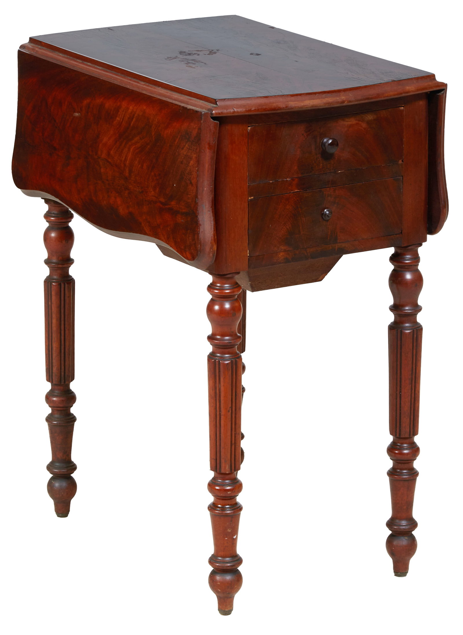 French Louis Philippe Carved Walnut Dropleaf Nightstand, 19th c., H.- 27 in., W.- Closed- 14 3/4 in.: French Louis Philippe Carved Walnut Dropleaf Nightstand, 19th c., the stepped serpentine top over a fall front pot cupboard on one end and two drawers on the other, on turned tapered reeded cylindrica