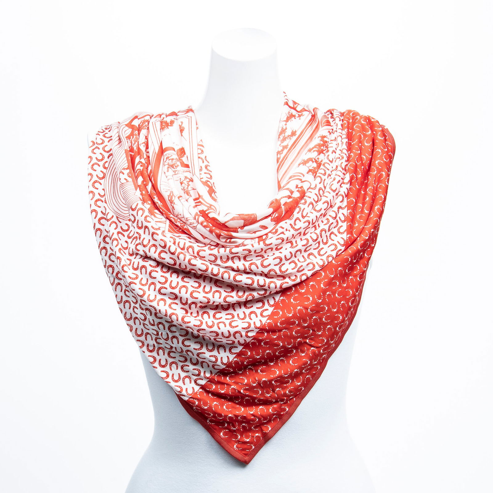 Hermes "A Cheval Sur Mon Carre" Chiffon Silk Scarf, by Bali Barret, H.- 34 in., W.- 34 in.: Hermes "A Cheval Sur Mon Carre" Chiffon Silk Scarf, by Bali Barret, background with Jersey print in red and white horseshoes, featuring a horse in the form of equestrian placards, accompanied with a c