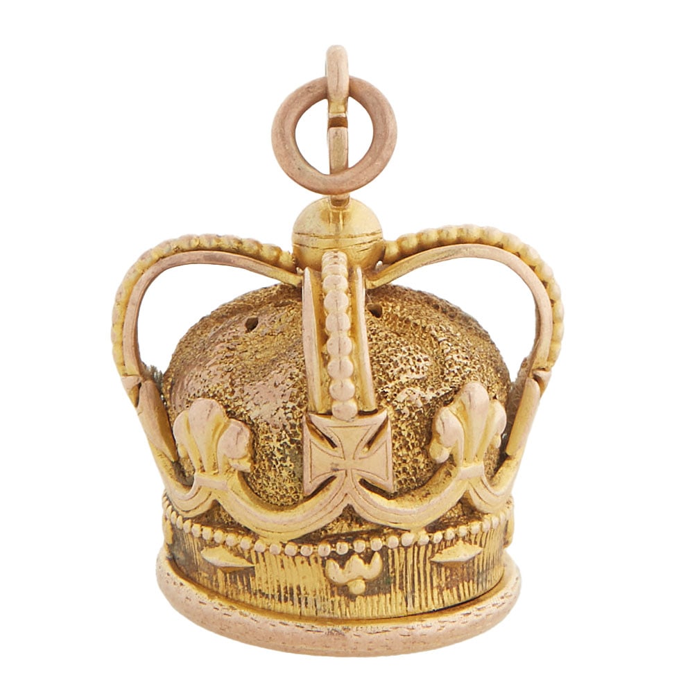Rare English 9K Yellow Gold Crown Memento Locket, early 19th c., H.- 1 in., Dia.- 15/16 in.: Rare English 9K Yellow Gold Crown Memento Locket, early 19th c., of crown form, the bottom opening to a glazed compartment, with a maker's mark of "IL &S," H.- 1 in., Dia.- 15/16 in. Provenance: Prope