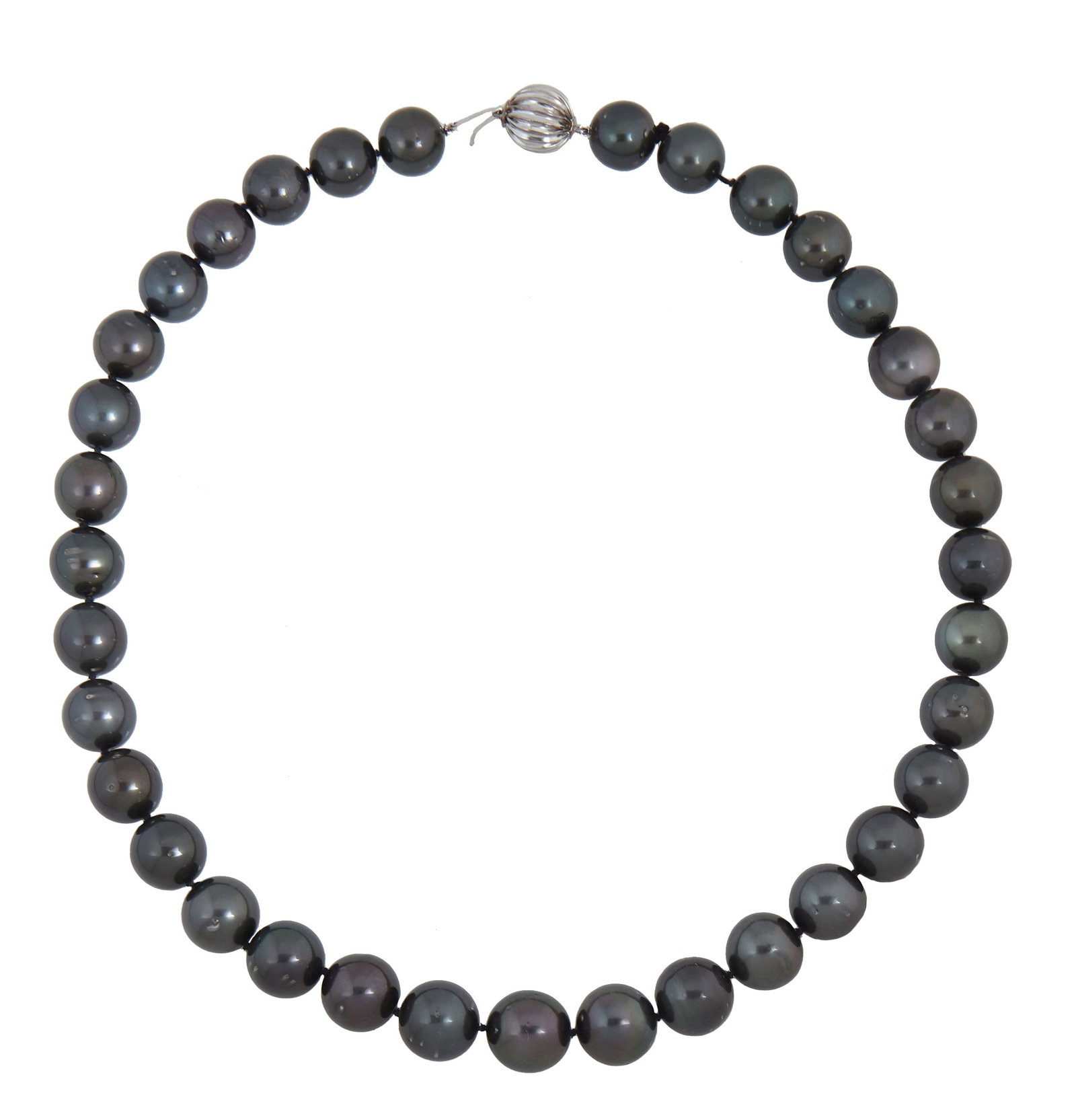 14K White Gold South Sea Black Cultured Pearl Necklace, L.- 18 in.: 14K White Gold South Sea Black Cultured Pearl Necklace, with 35 graduated Tahitian pearls ranging from 11-13 mm, with a 14K white gold ball clasp, with appraisal, L.- 18 in.
