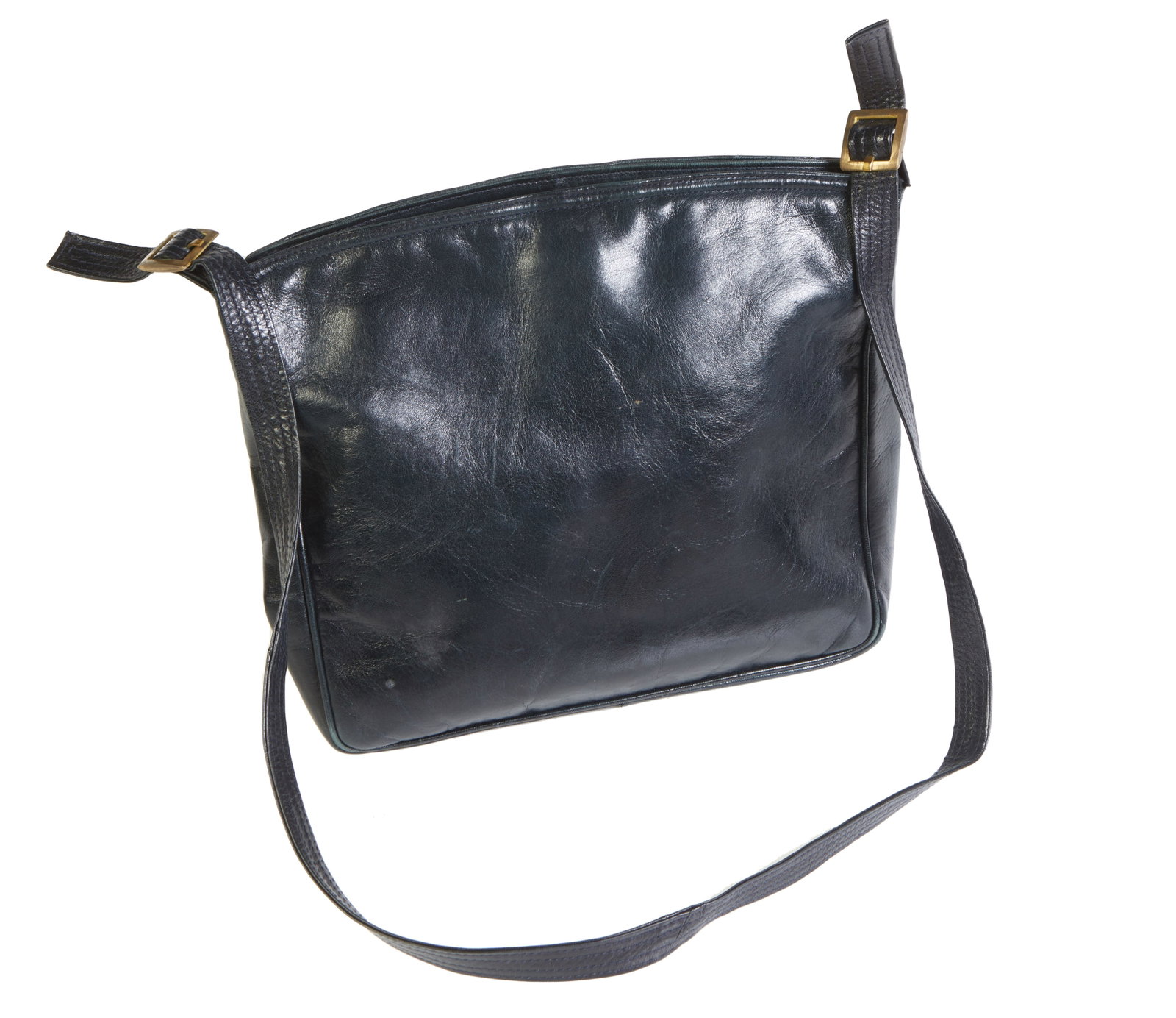 Bottega Veneta Handbag, H.- 10 1/2 in., W.- 11 1/2 in.: Bottega Veneta Handbag, in smooth black calf leather with golden brass hardware, with adjustable shoulder strap, large rear side pocket, snap closure, opening to three compartments lined in indigo sil