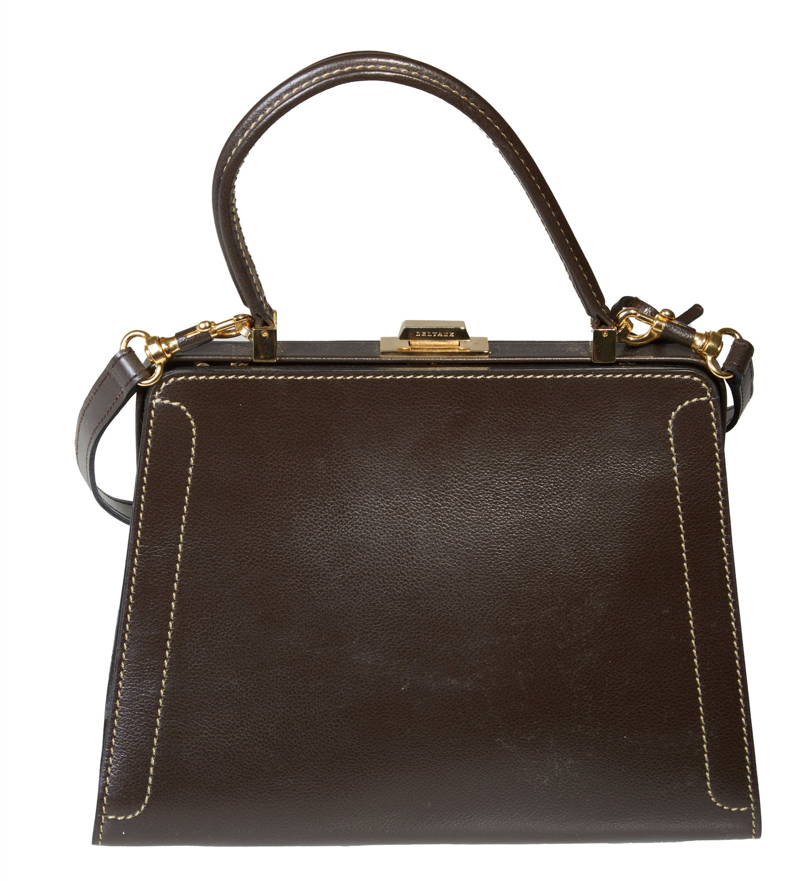 Delvaux Classico Brown Leather PM Jumping Shoulder Bag, 20th c., H.- 9 in., W.- 11 1/8 in., D.- 4 7/: Delvaux Classico Brown Leather PM Jumping Shoulder Bag, 20th c., the interior with a zippered compartment on side, and a flap compartment on the other, in the original cloth bag, H.- 9 in., W.- 11 1/8