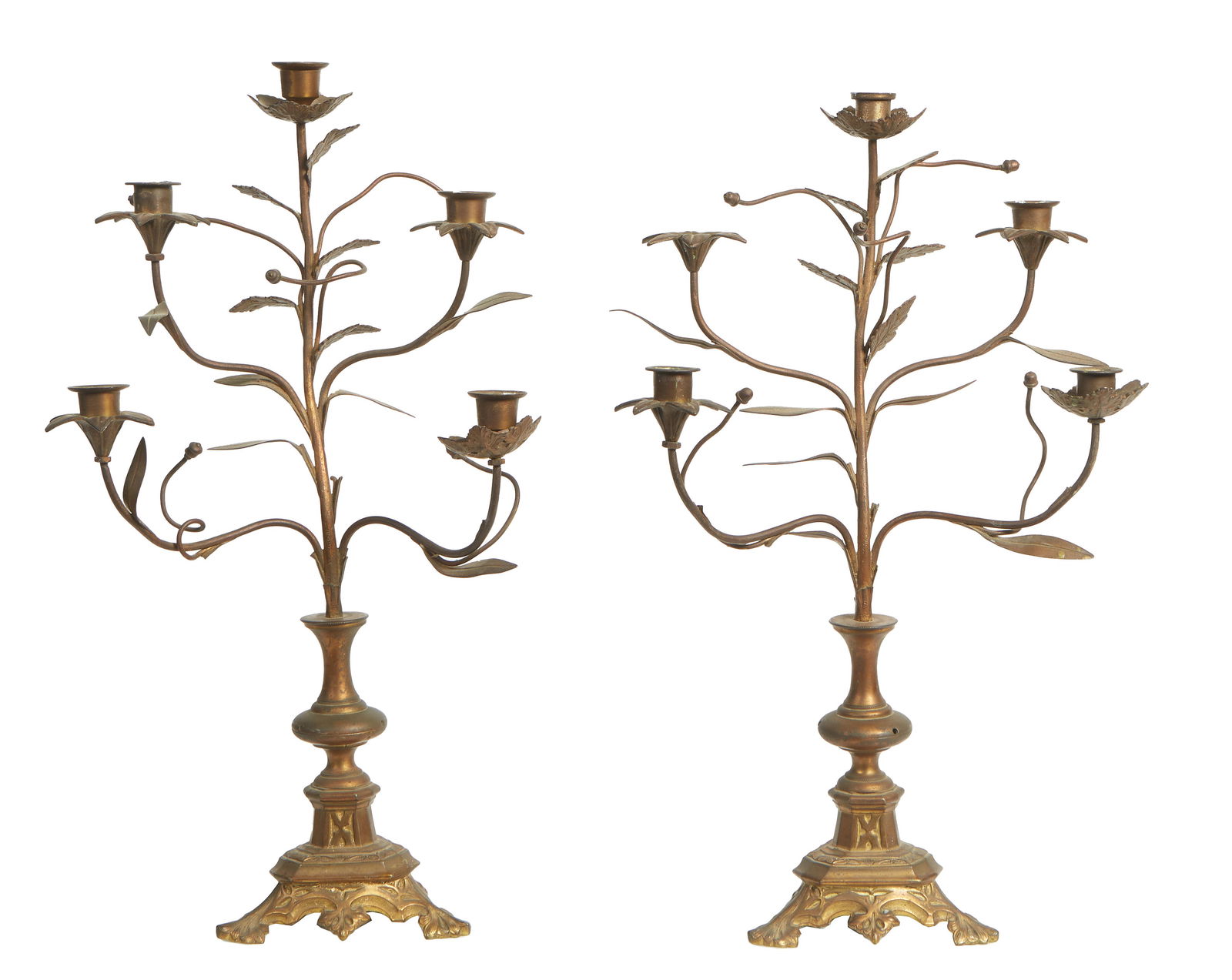 Pair of Gothic Inspired Patinated Bronze Candelabra, H.- 20 1/4 in., W.- 13 in., D.- 8 in. (2 Pcs.) (1 of 4)
