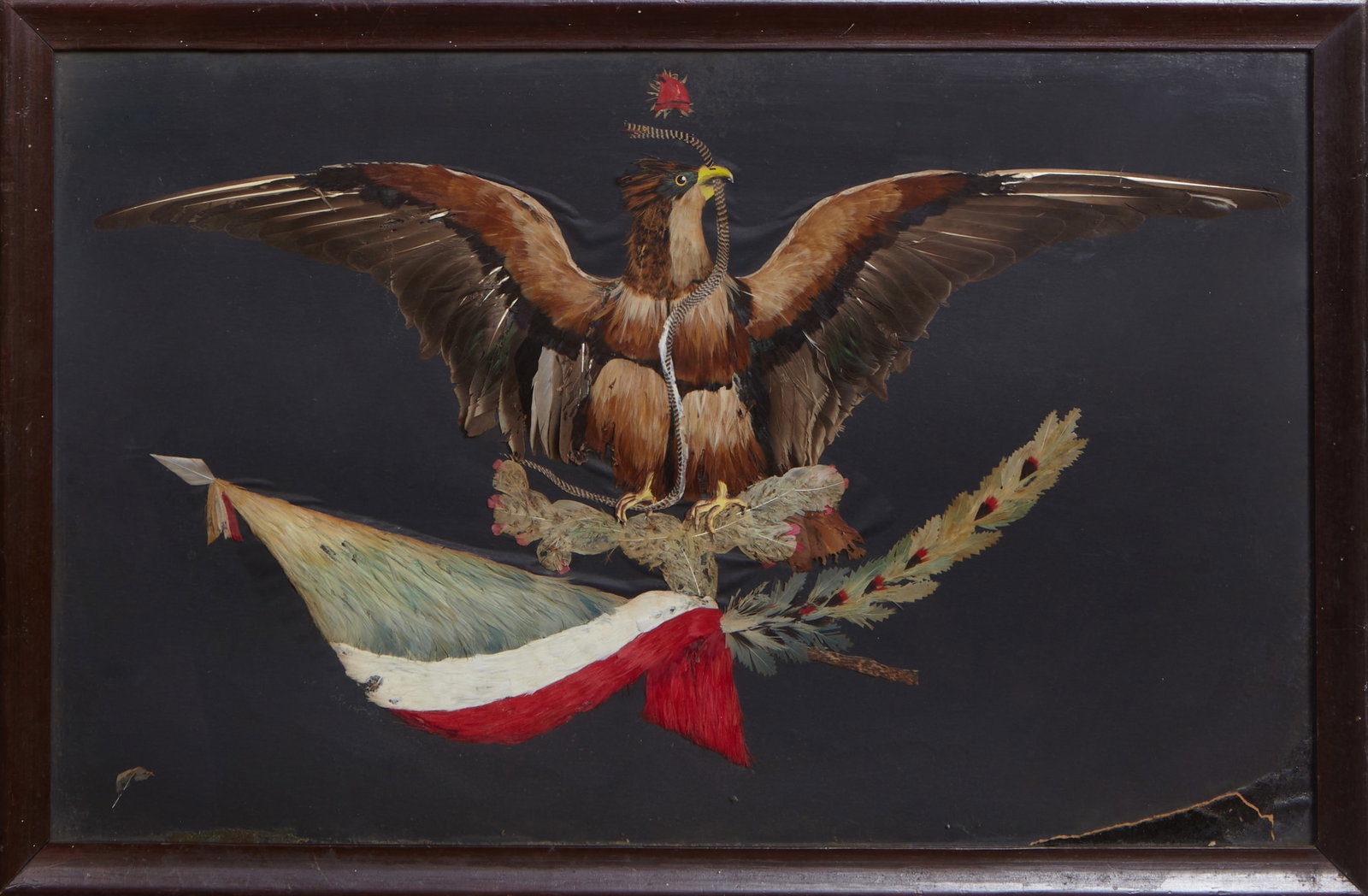 Mexican School, "Golden Eagle with Mexican Flag," mid-20th c., H. 14 in., W.- 22 in., Framed- H.- 15: Mexican School, "Golden Eagle with Mexican Flag," mid-20th c., feathers and mixed media on cardboard, presented in a wood shadowbox frame, unsigned/inscribed, "Morret, La Casa de Los Marcos, Xicotenca