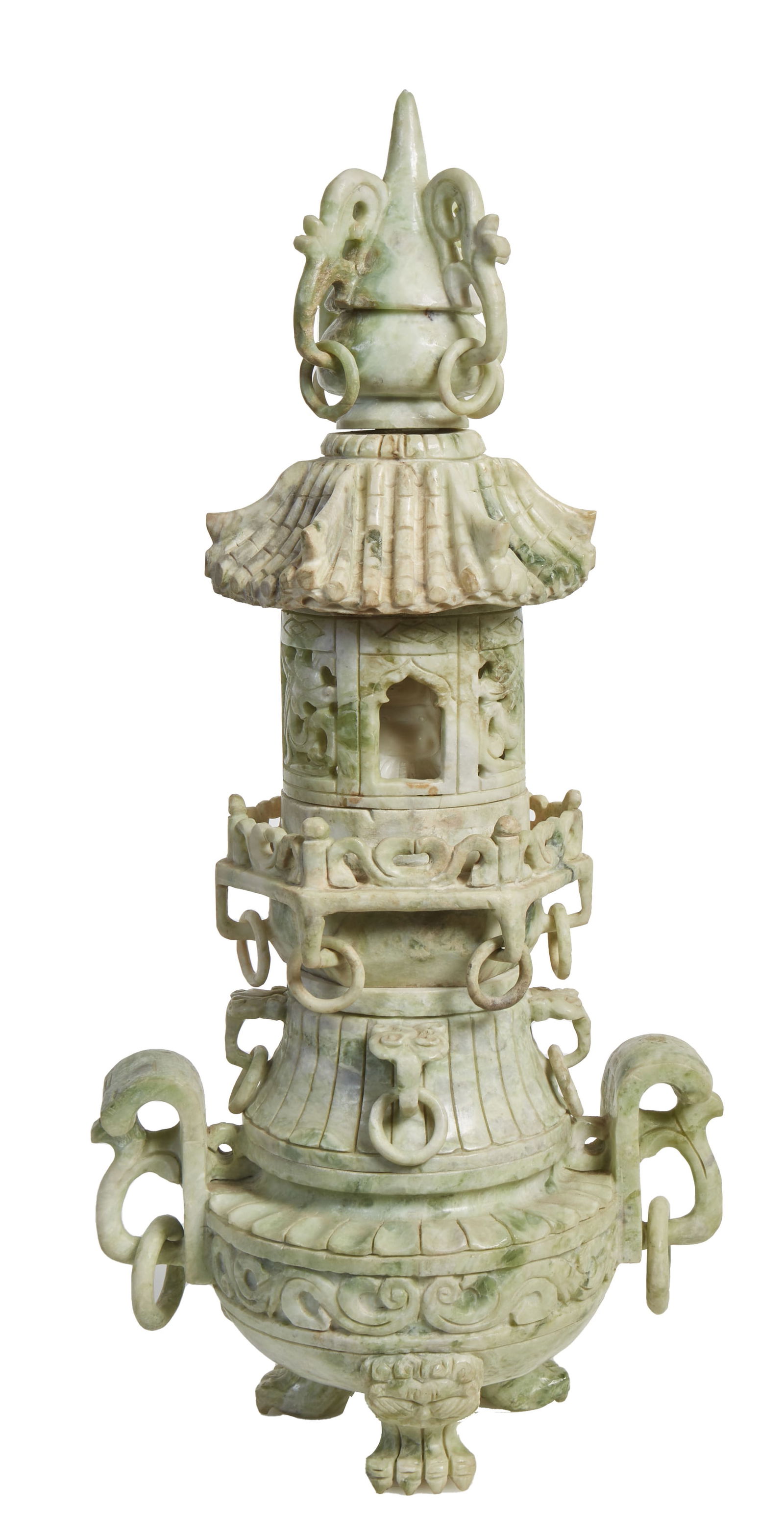 Chinese Jadeite Pagoda, 20th c. H. 22 in., W.- 11 in., D.- 6 in.: Chinese Jadeite Pagoda, 20th c. the pierced finialed top with rings, enclosed seated buddha with pierced galleried design, out swept lower large handles, with paw feet, H. 22 in., W.- 11 in., D.- 6 in
