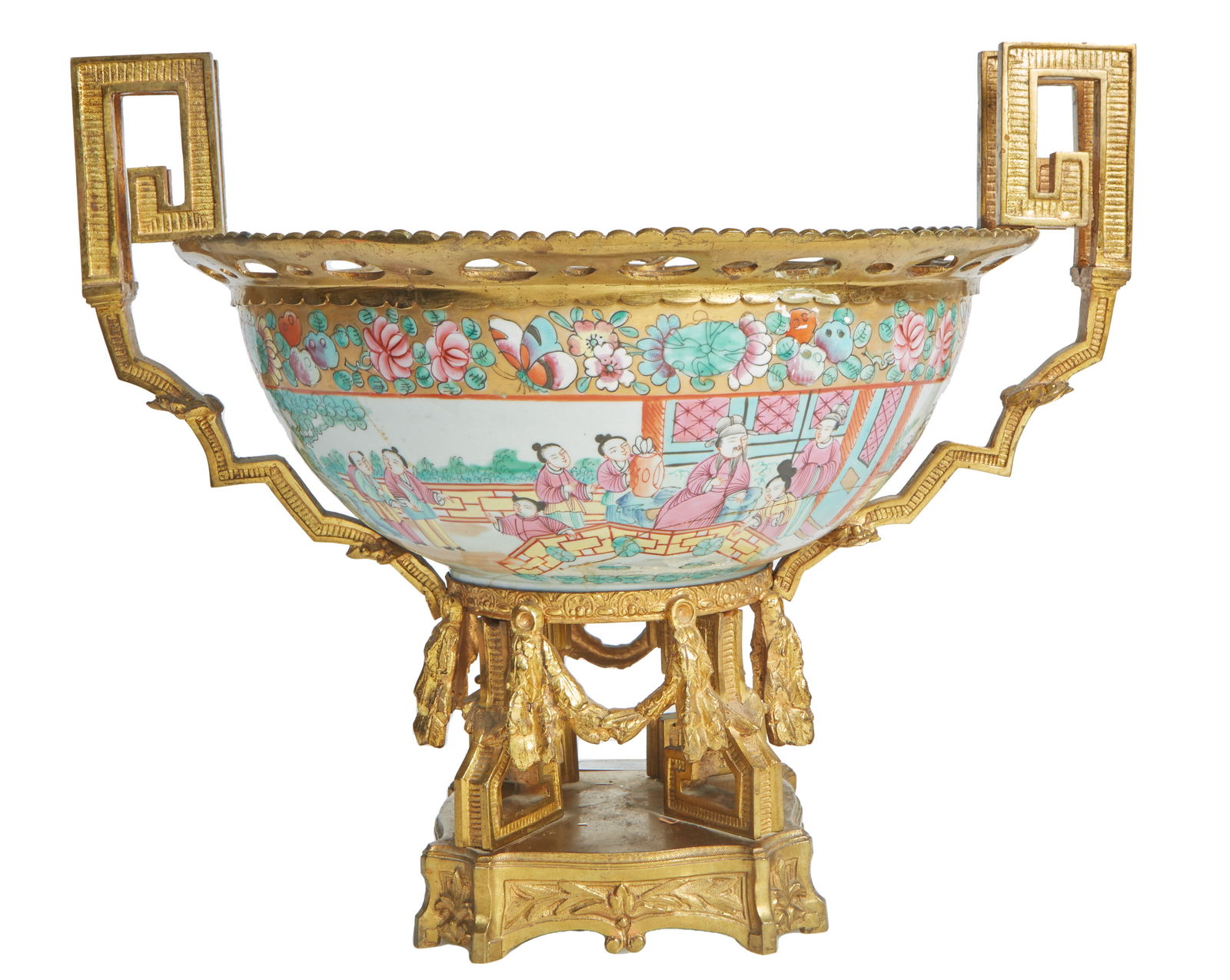 Chinese Rose Medallion Gilt-Bronze Mounted Porcelain Bowl, H.- 13 1/2, W.- 16 in., D.- 13 1/4 in. (1 of 6)