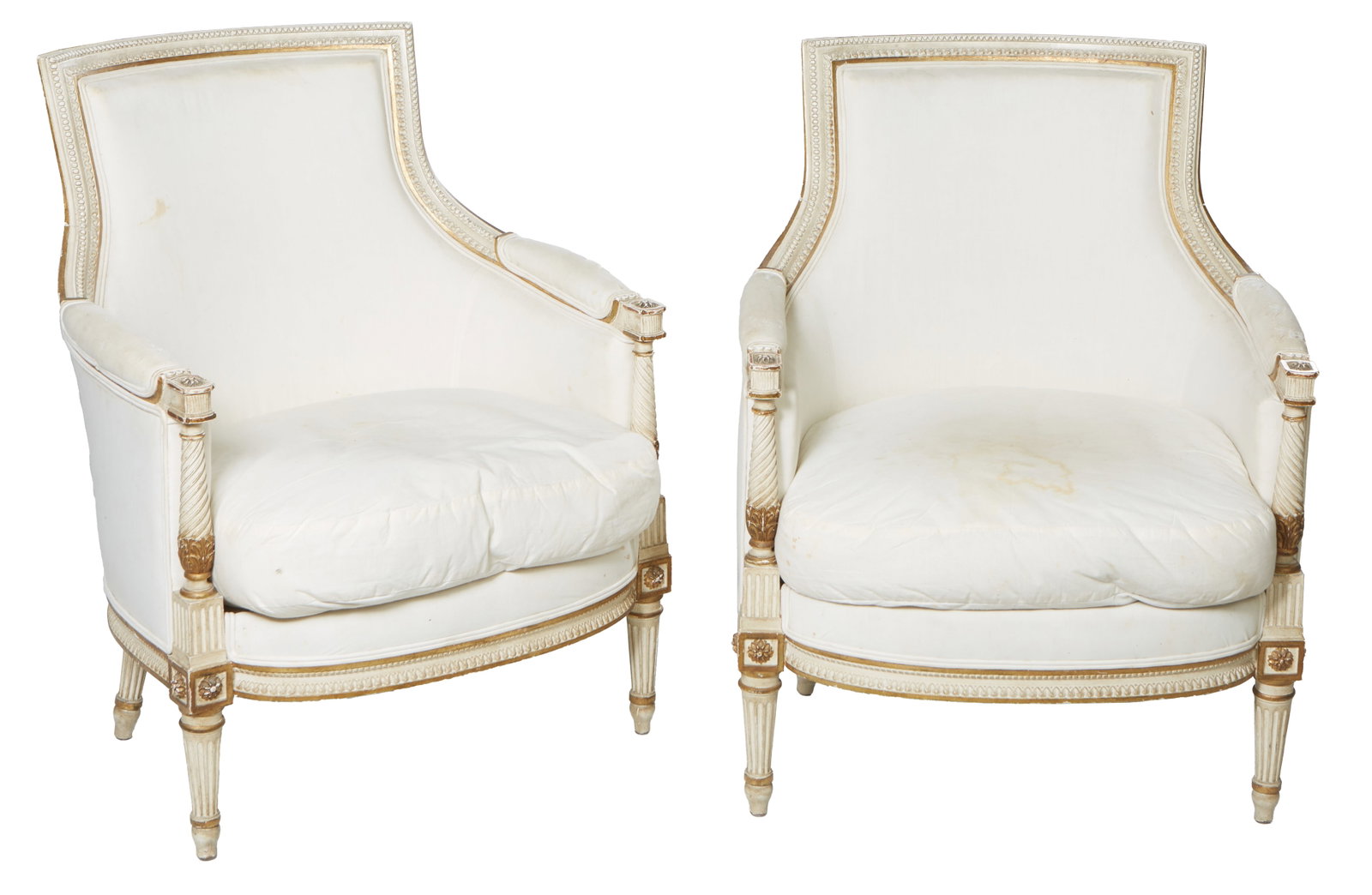 Pair of Louis XVI Style Polychrome Bergeres, 20th c., H.- 35 in., W.- 27 in., D.- 28 in. (2 Pcs.): Pair of Louis XVI Style Polychrome Bergeres, 20th c., the concave back with beaded lamb's tongue surround, the reverse tapered twist supports rise from acanthus, on tapered fluted legs, now upholstere