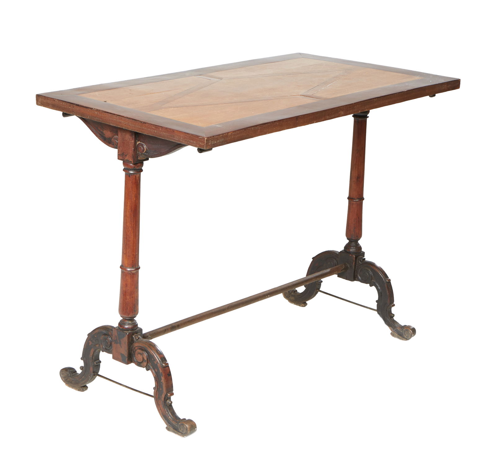 French Mahogany and Iron Parquetry Top Console Library Table, 19th c., H.- 30 1/2 in., W.- 40 1/2 (1 of 2)