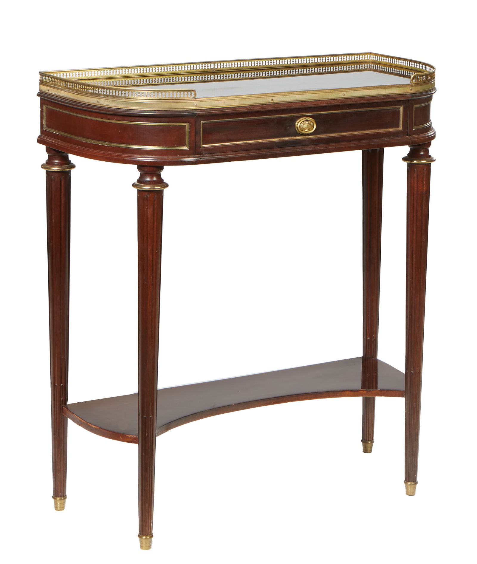 French Directoire Style Brass Mounted Mahogany Console, 20th c., H.- 35 in., W.- 31 in., D.- 14 in. (1 of 2)