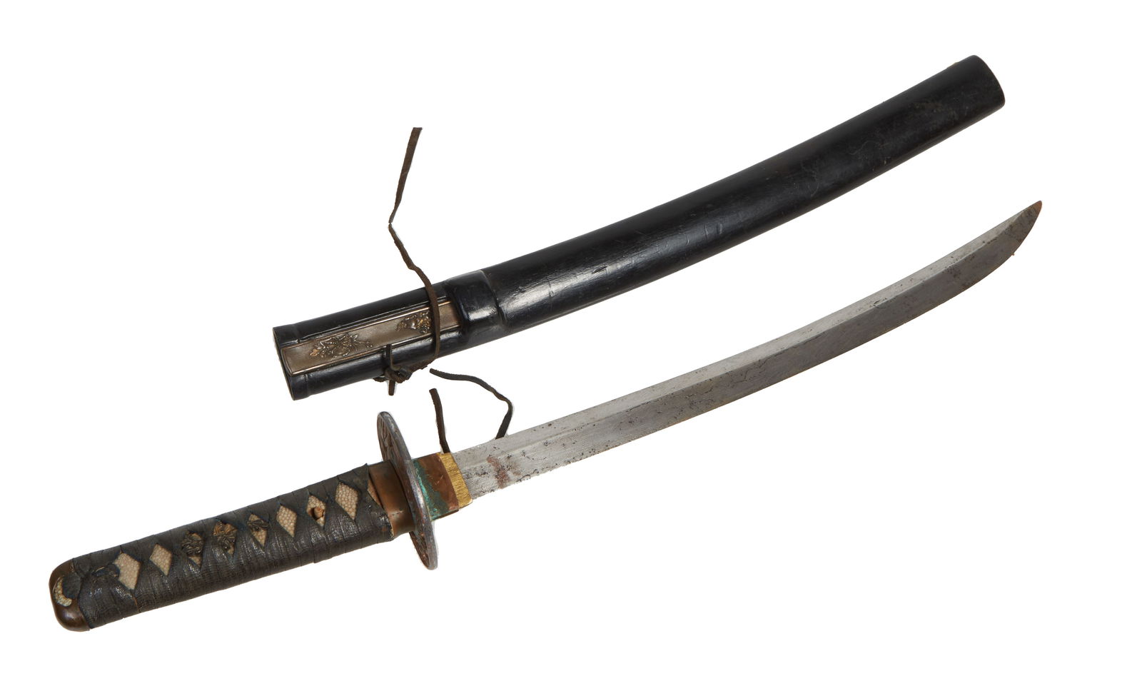 Japanese Short Katana, early 20th c., L.- Blade- 14 3/4 in., Overall- 21 3/4 in.; Tsuba- W.- 3 in., (1 of 6)