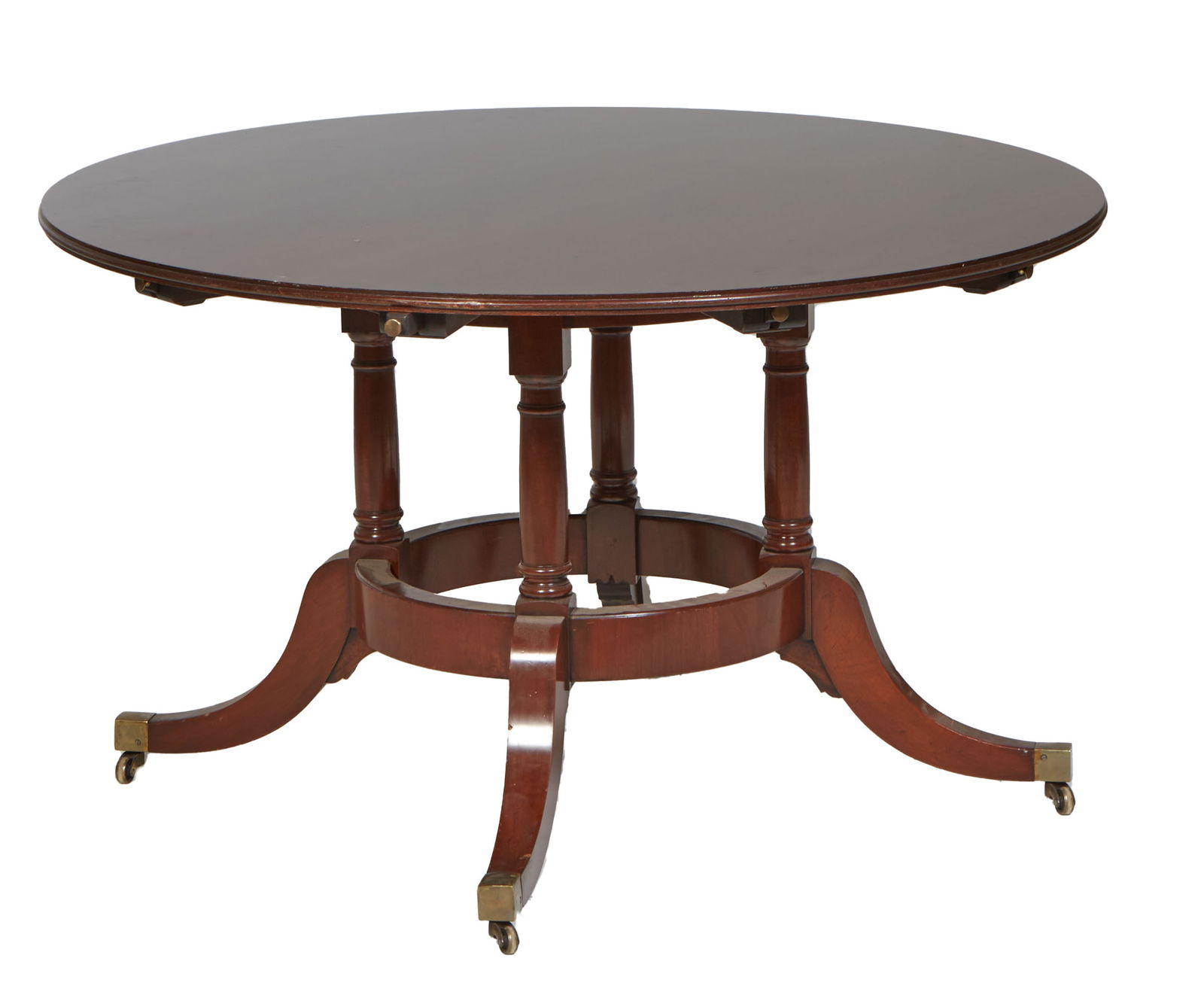 Regency Style Round Mahogany Dining Table, 20th c., H.- 29 1/2 in., Dia.- 50 in. (1 of 1)