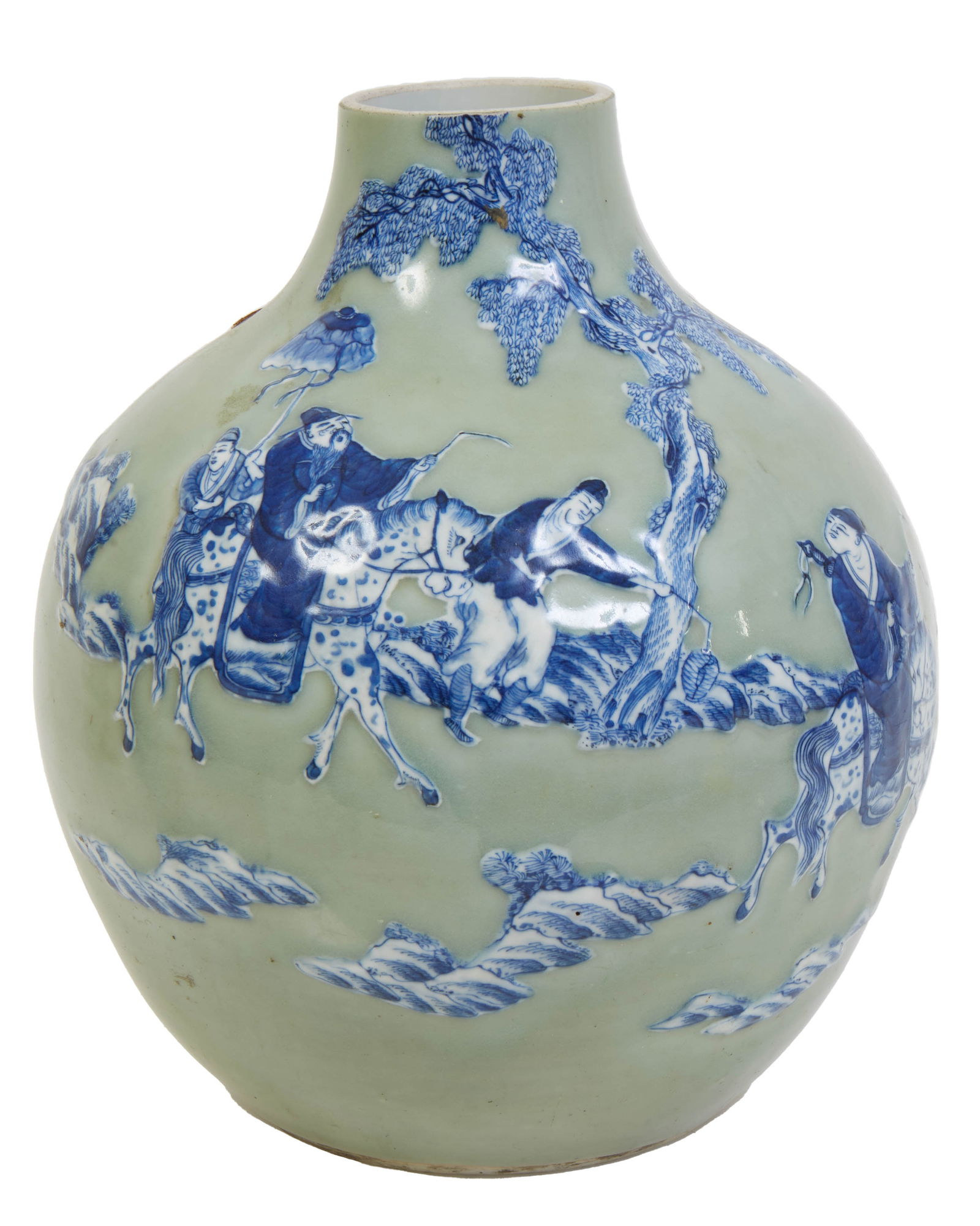 Chinese Celadon Vase, H.- 11 1/2 in., Dia.- 9 3/4 in.: Chinese Celadon Vase, blue and white, landscape, bat, and horse decoration H.- 11 1/2 in., Dia.- 9 3/4 in.