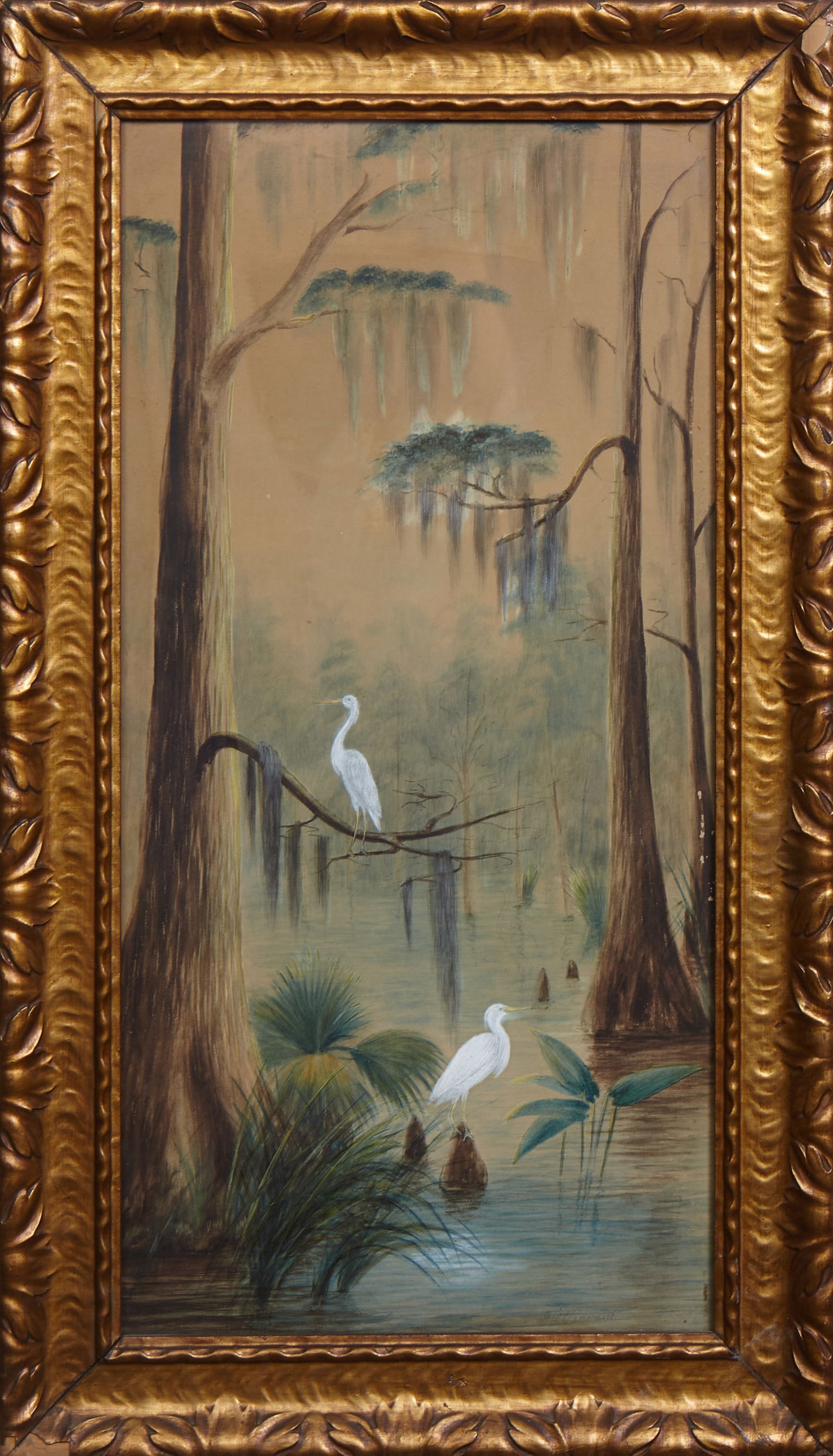 George Viavant (American/Louisiana, 1872-1925), "Swamp Scene with Herons," H.- 20 1/4 in., W.- 10 (1 of 3)