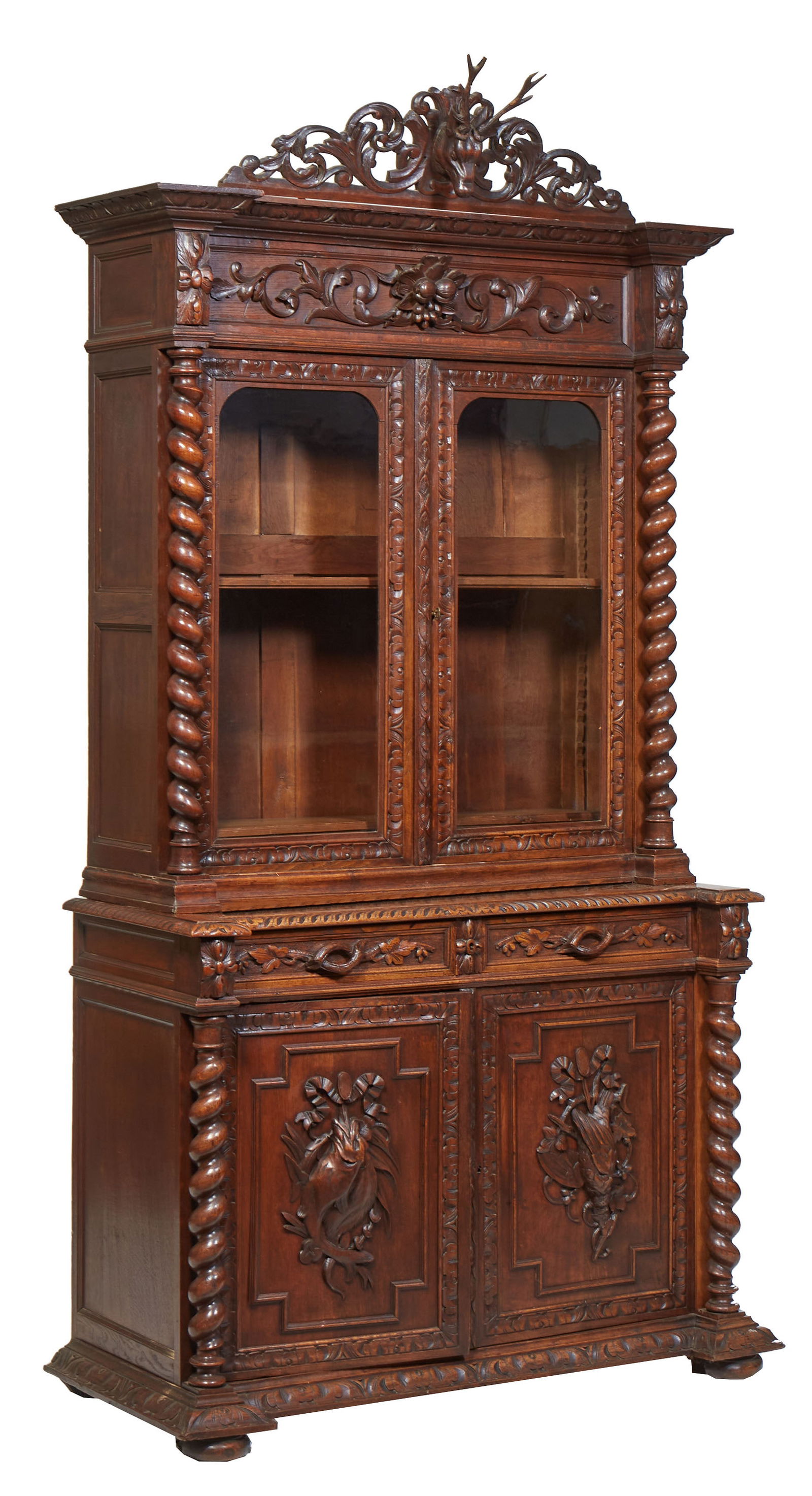 French Provincial Henri II Style Carved Oak Buffet a Deux Corps, c. 1880, H.- 105 in., W.- 54 in., (1 of 1)