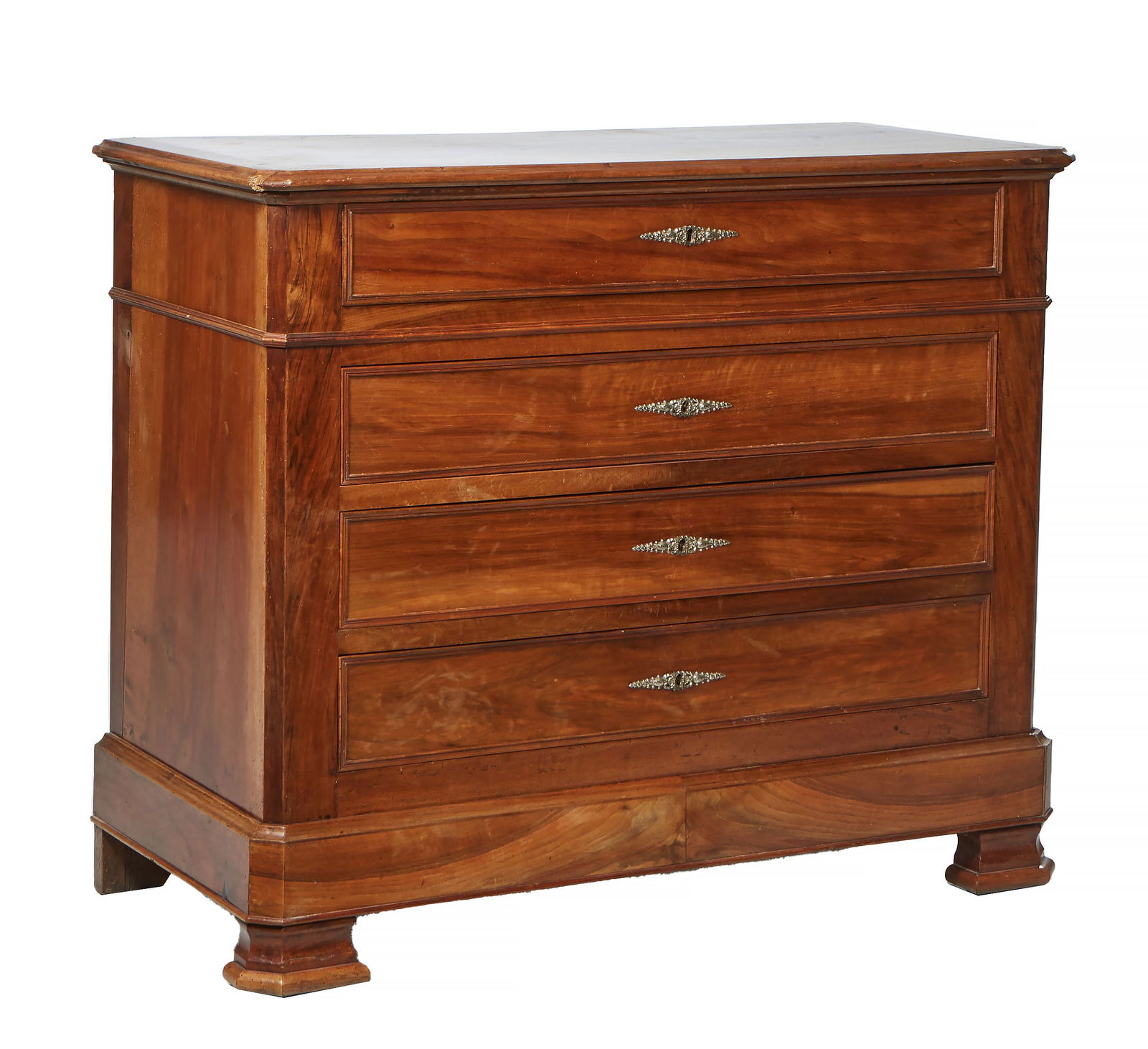Louis Philippe Mixed Hardwood Commode, mid 19th c., H.- 39 in., W.- 46 in., D.- 21 in.: Louis Philippe Mixed Hardwood Commode, mid 19th c., molded top, four drawers, canted top with conforming case and molded feet, H.- 39 in., W.- 46 in., D.- 21 in.